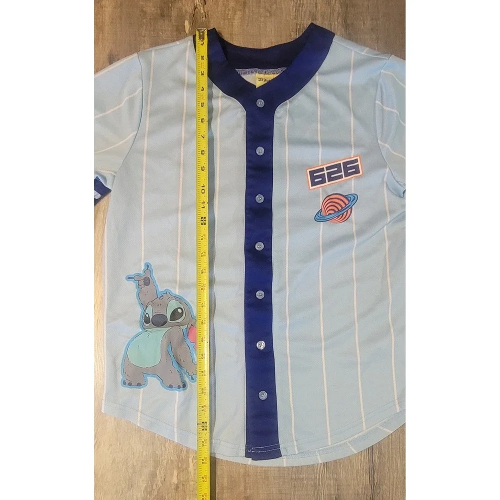 Disney Stitch‎ #626 Adult Small Baseball Jersey Blue Pinstripe Button Up